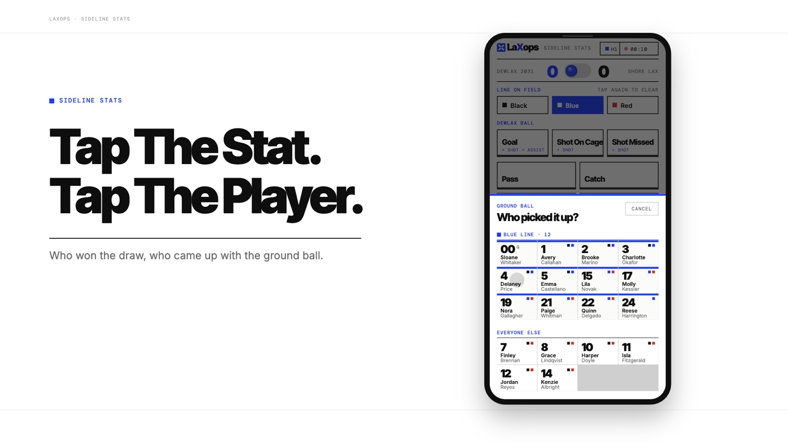 The sideline stats app on a phone, picking the player who won a ground ball.